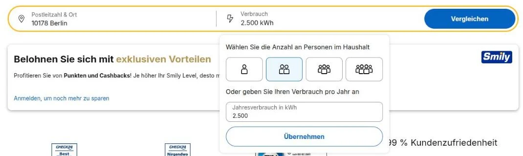 Electricity comparison form with postcode 10178 Berlin and the two-person household selected, giving 2,500 kWh a year