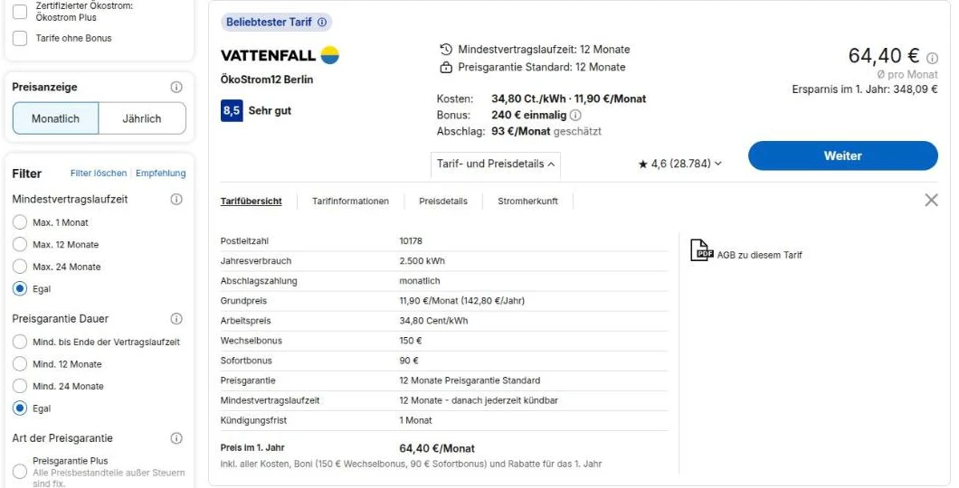 Tariff details: base price €11.90 a month, 34.80 cents per kWh, €150 switching bonus, €90 instant bonus, 12-month standard price guarantee, 12-month minimum term then cancellable at any time with one month's notice, €64.40 a month in the first year