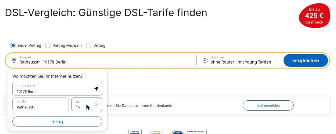 Comparison site start screen with a new contract selected and the address fields filled in with postcode 10178 Berlin, street Rathausstr. and house number 15