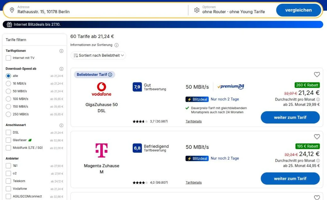 Comparison results with filters on the left and two offers: Vodafone GigaZuhause 50 DSL at €21.24 a month on average, €29.99 from month 25, and Telekom Magenta Zuhause M at €24.12 on average, €44.95 from month 25