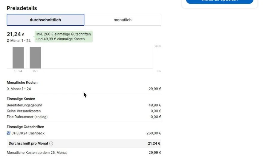 Price details for Vodafone GigaZuhause 50 DSL: €29.99 a month for months 1 to 24, €49.99 connection fee, €260 cashback, €21.24 average per month, €29.99 from month 25