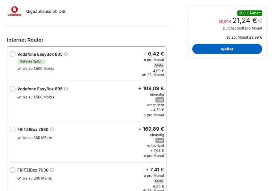 Router options during the order: Vodafone EasyBox 805 rental at €0.42 a month on average and €4.99 from month 25, or purchase for €109.89; FRITZ!Box 7630 purchase for €169.89 or rental at €7.41 a month on average, €6.99 from month 25
